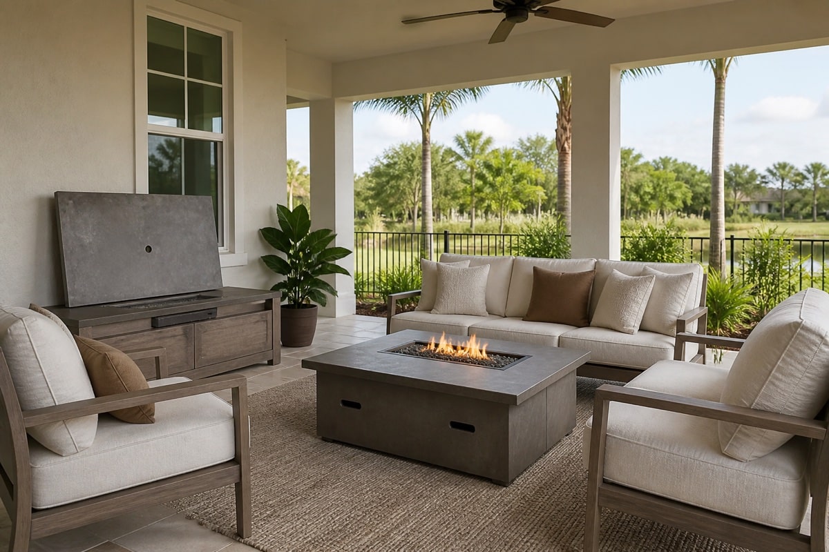 outdoor fire table lid placed in a ventilated patio storage cabinet near seating