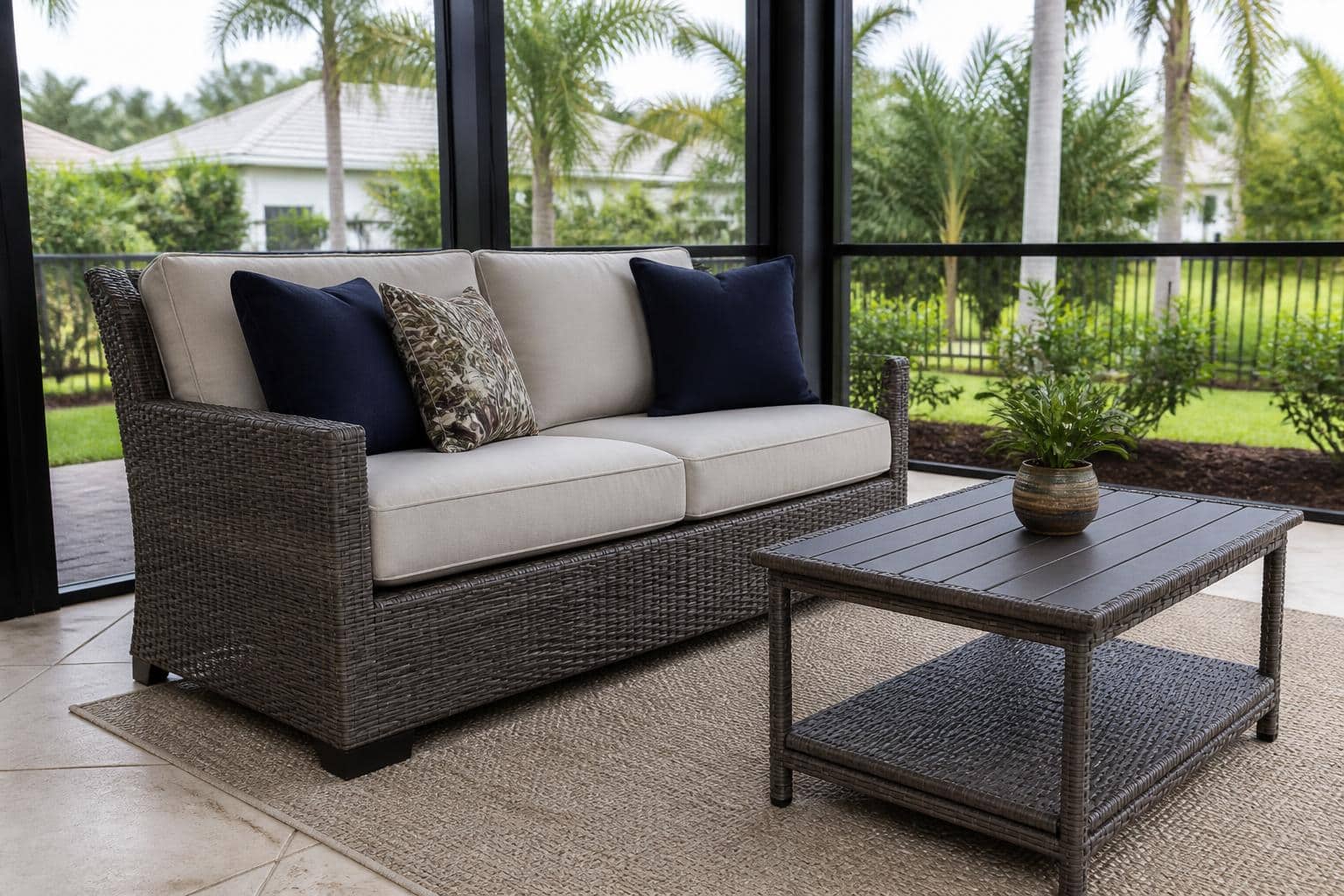 Loveseat and coffee table arrangement on a screened lanai