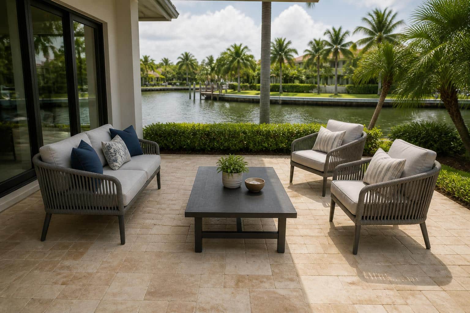 outdoor loveseat vs two club chairs space patio layout in Florida