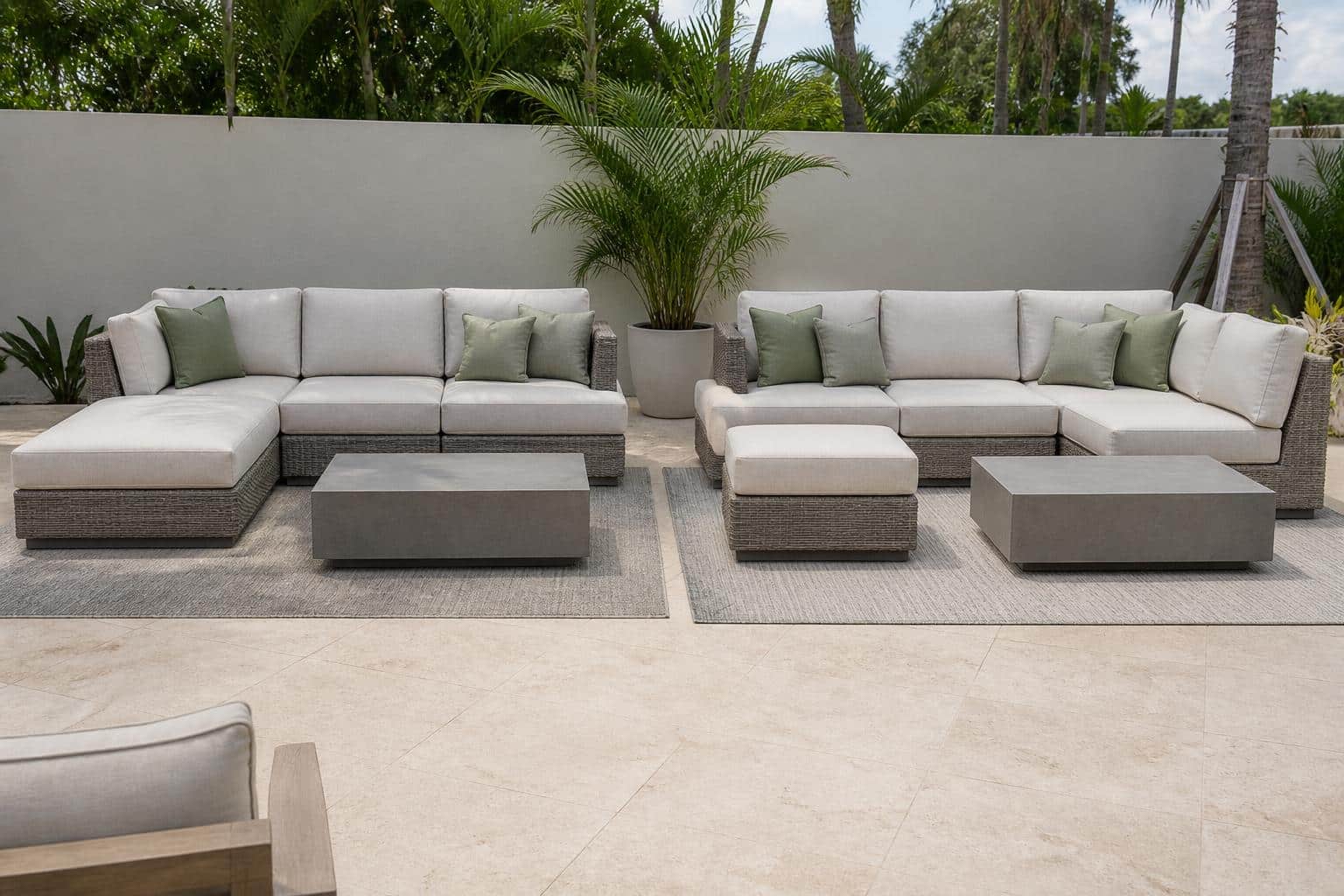 outdoor sectional chaise end vs ottoman end showroom comparison