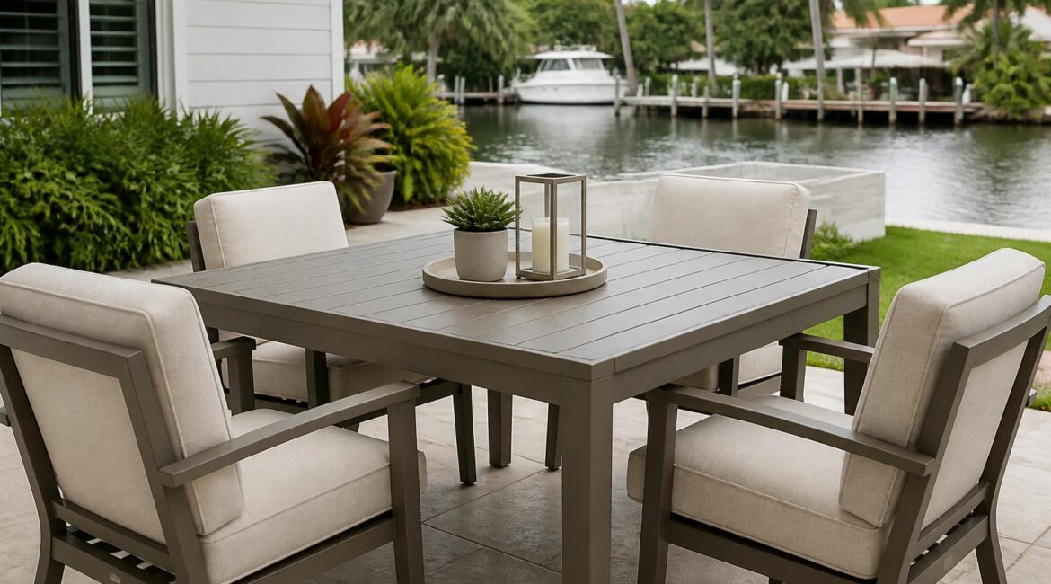 Patio dining chairs spaced around an outdoor table