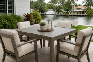 Patio dining chairs spaced around an outdoor table