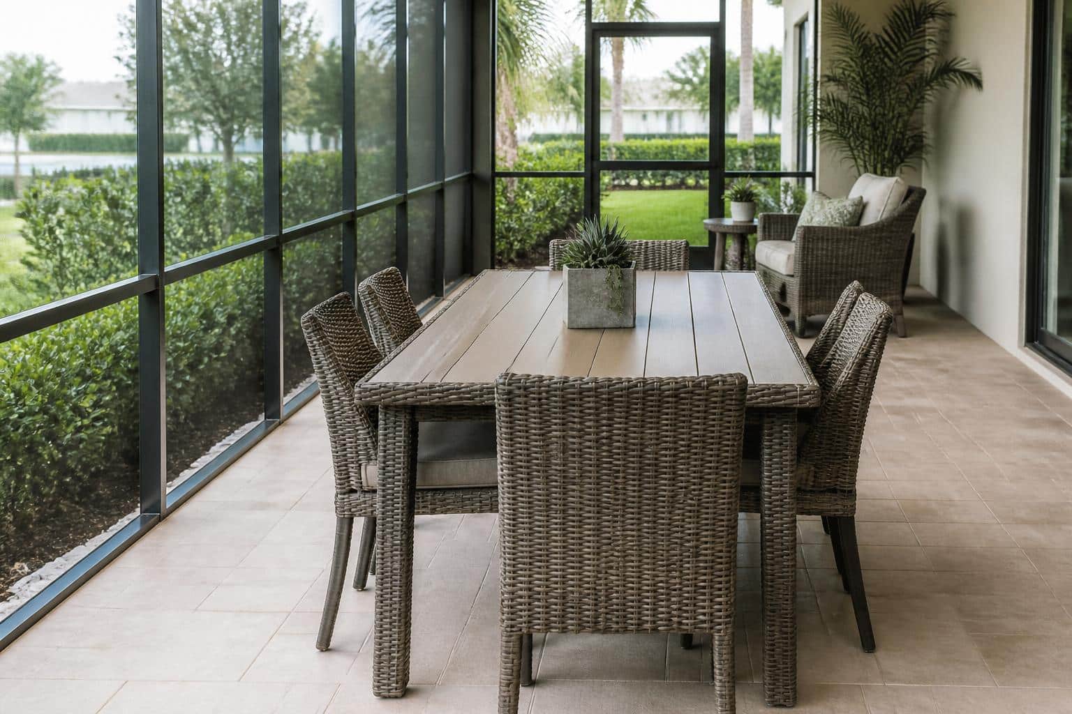 Round outdoor dining table under a market umbrella surrounded by four cushioned dining chairs