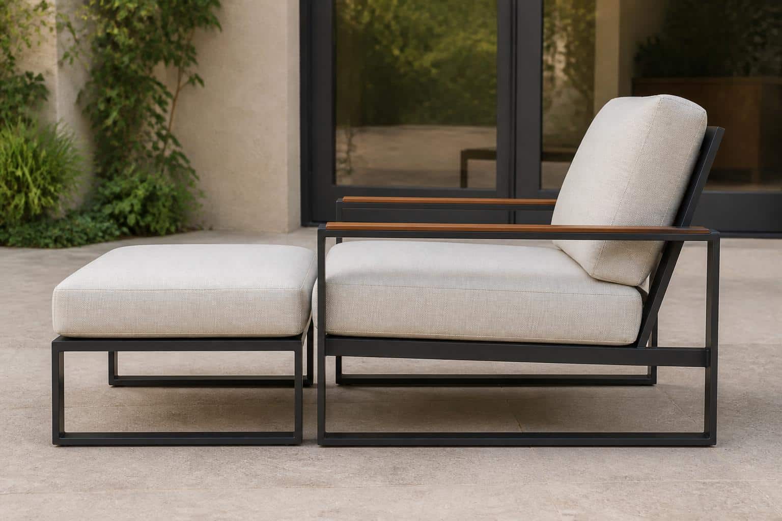 Outdoor lounge chair paired with a matching ottoman on a shaded patio