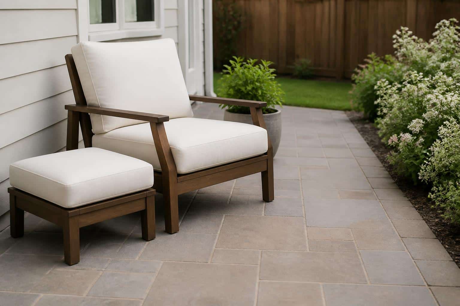 Two lounge chairs with ottomans arranged on an outdoor patio with clear walking space