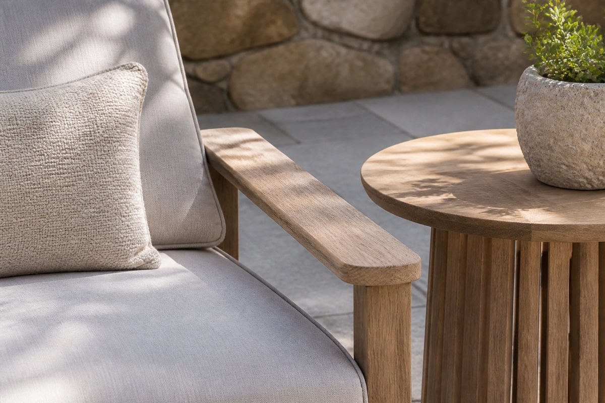 patio side table placed beside a reclining chaise lounge at comfortable reach height