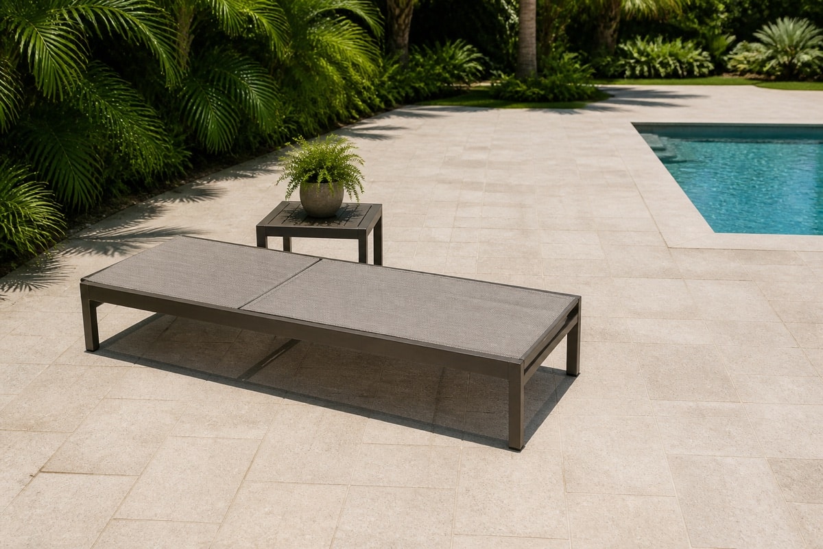 measuring the gap between an outdoor chaise lounge and side table on a pool deck