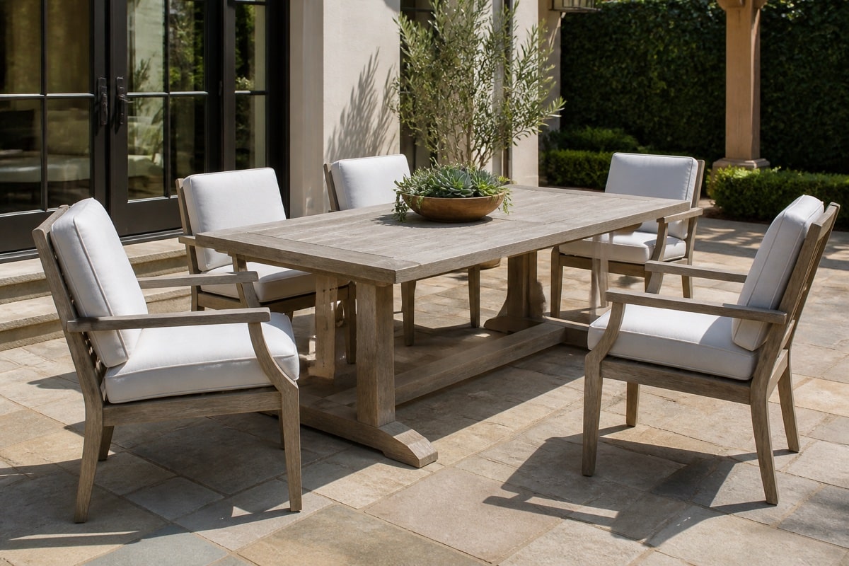 patio dining armchairs tucked beneath a table apron on a covered lanai