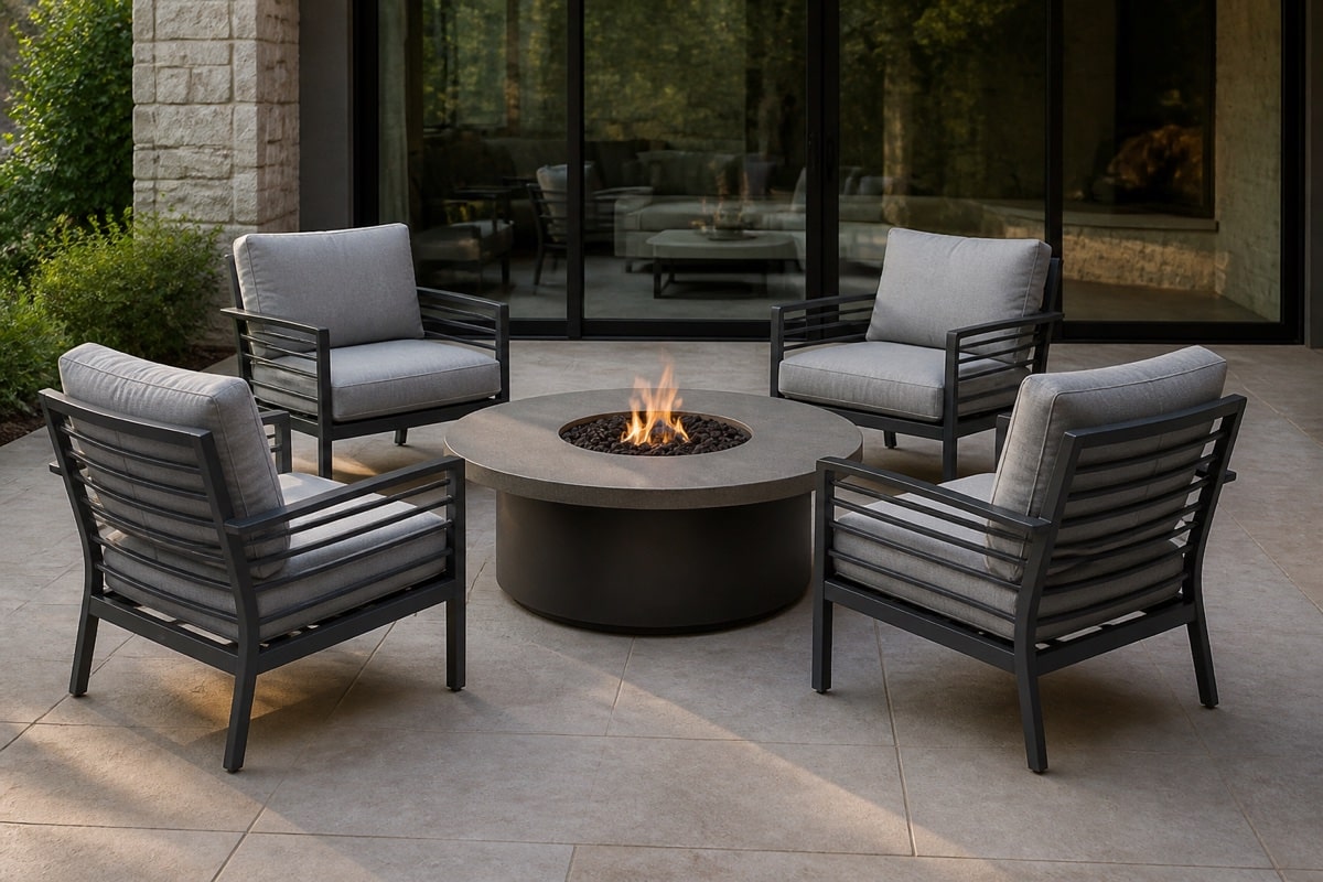 round fire table with four outdoor chairs arranged for comfortable spacing