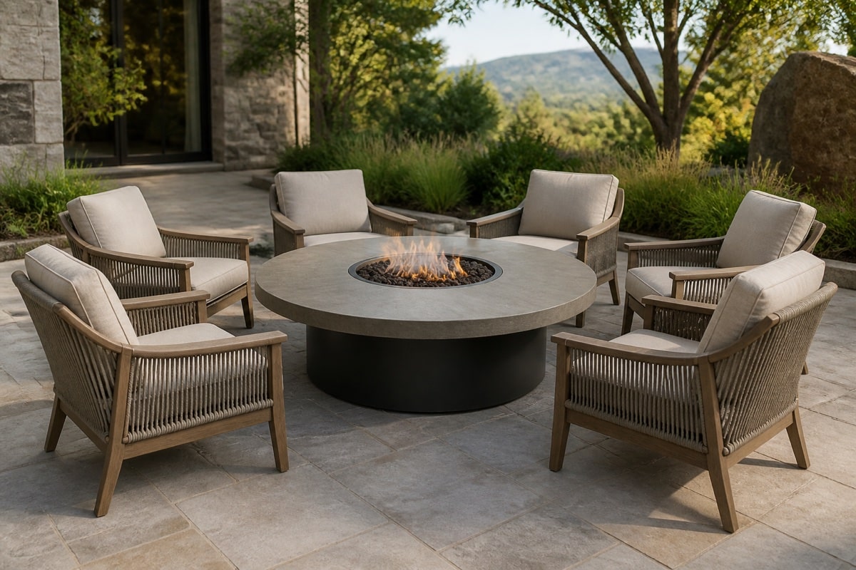 measured patio layout showing clearance around a round fire table and chairs