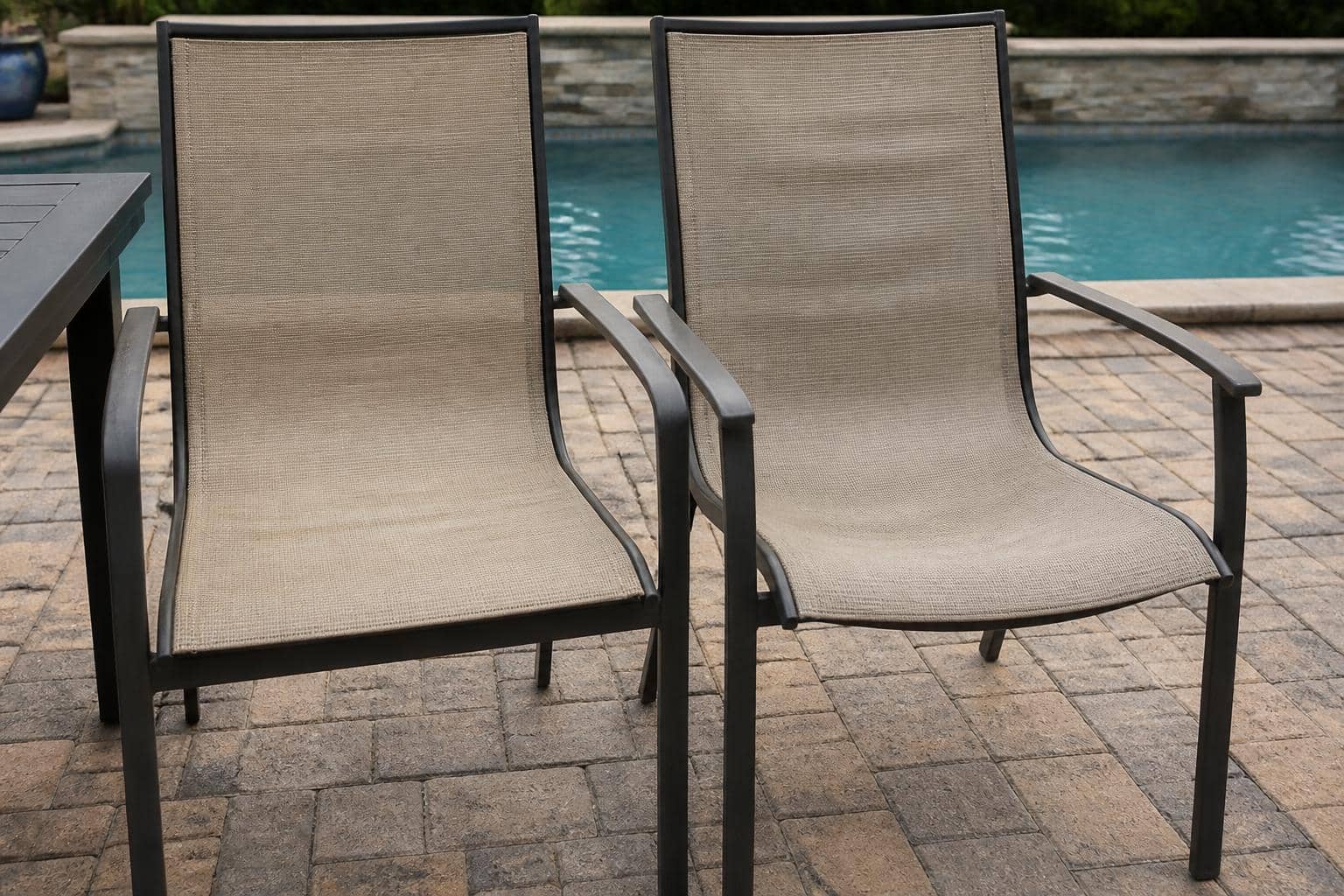 sling chair fabric tension sagging evaluation patio layout in Florida