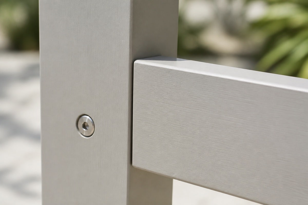measuring a small gap at a poly lumber furniture joint with a ruler