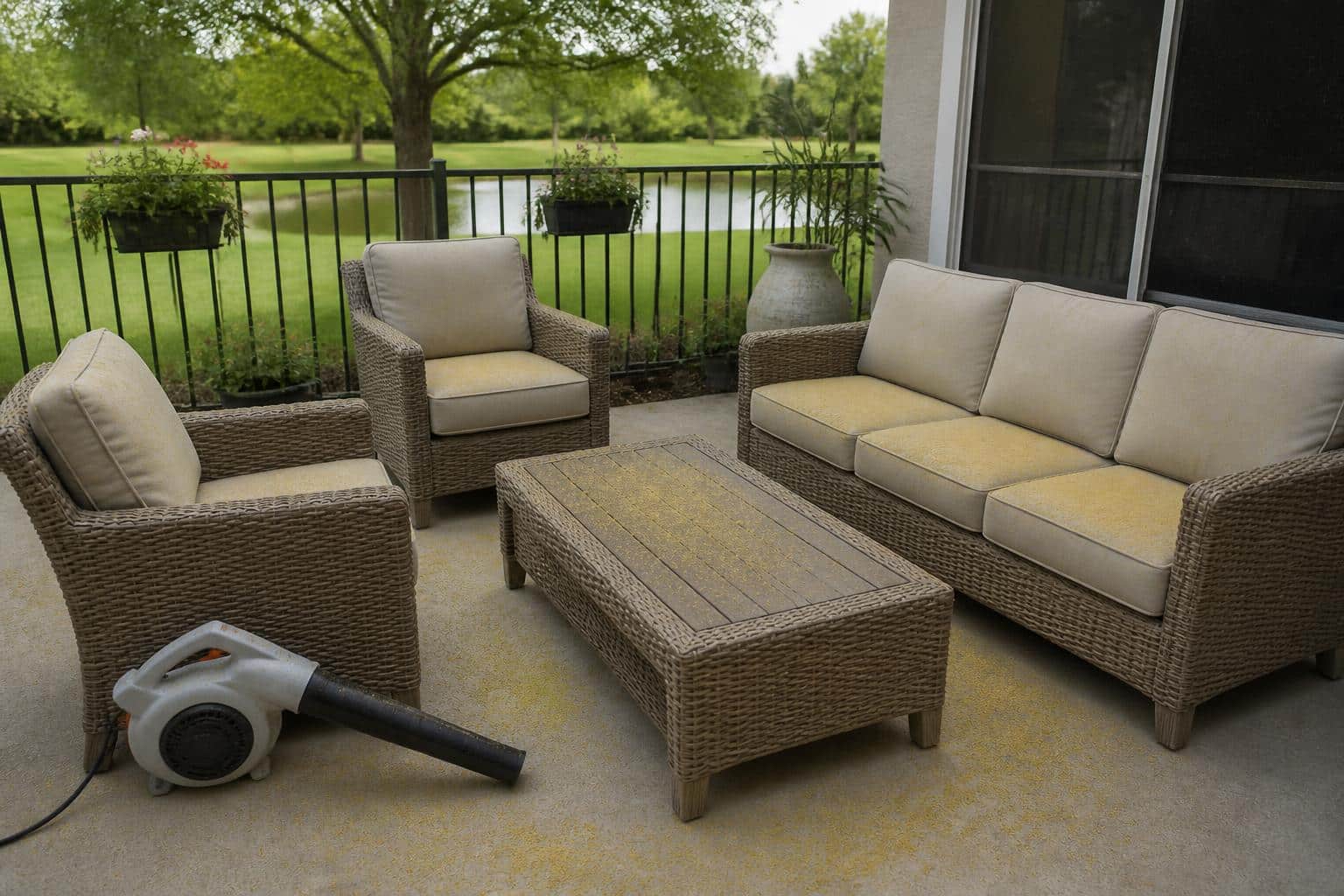 cleaning pollen from a wicker patio set patio layout in Florida