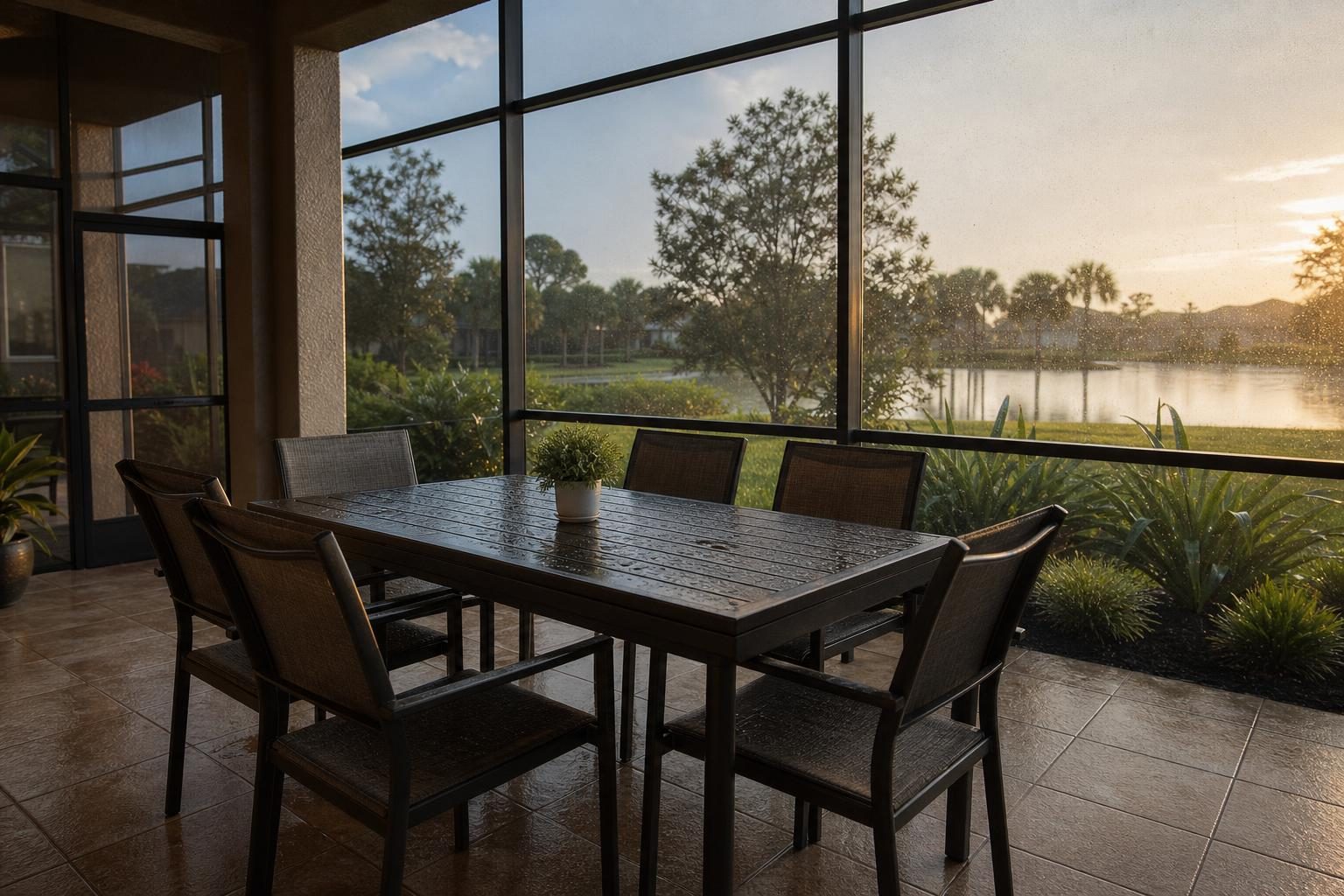 Patio dining table on a lanai after a rain shower