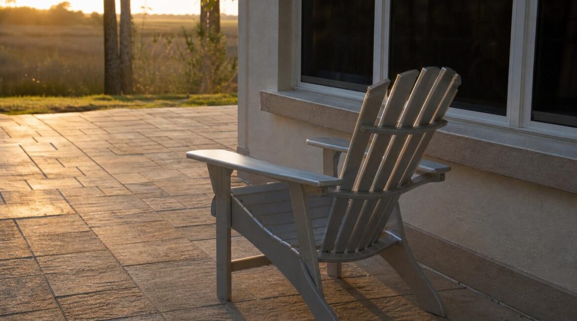 Aluminum Adirondack chair with wide armrests on a Florida patio