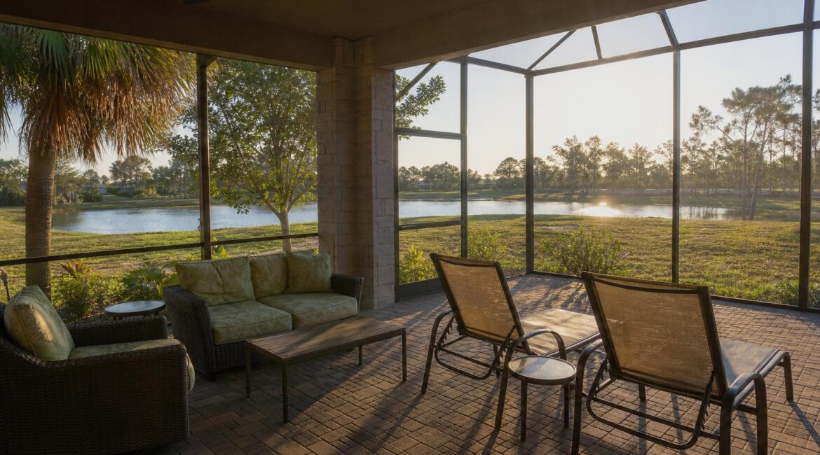 Featured wide shot of a screened Florida lanai furnished with woven wicker seating and sling lounge chairs side by side.