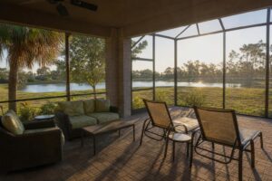 Featured wide shot of a screened Florida lanai furnished with woven wicker seating and sling lounge chairs side by side.
