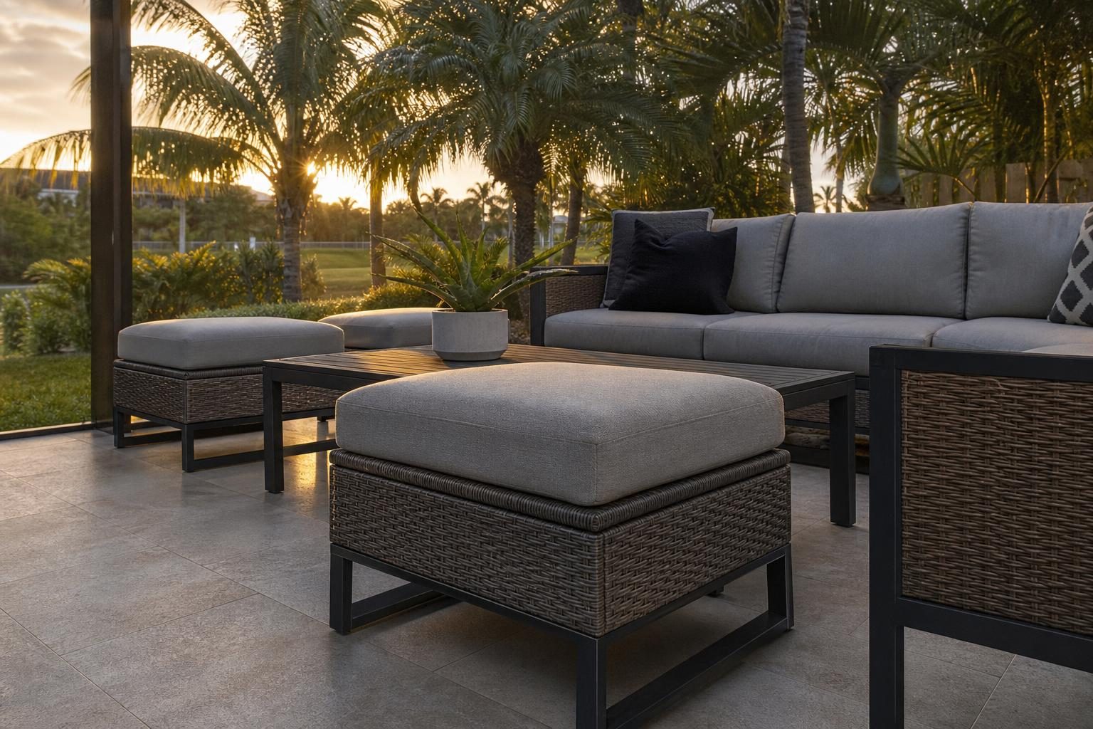 An outdoor ottoman with aluminum frame and wicker weave positioned as additional seating around a low patio coffee table on a Florida lanai with palm trees nearby
