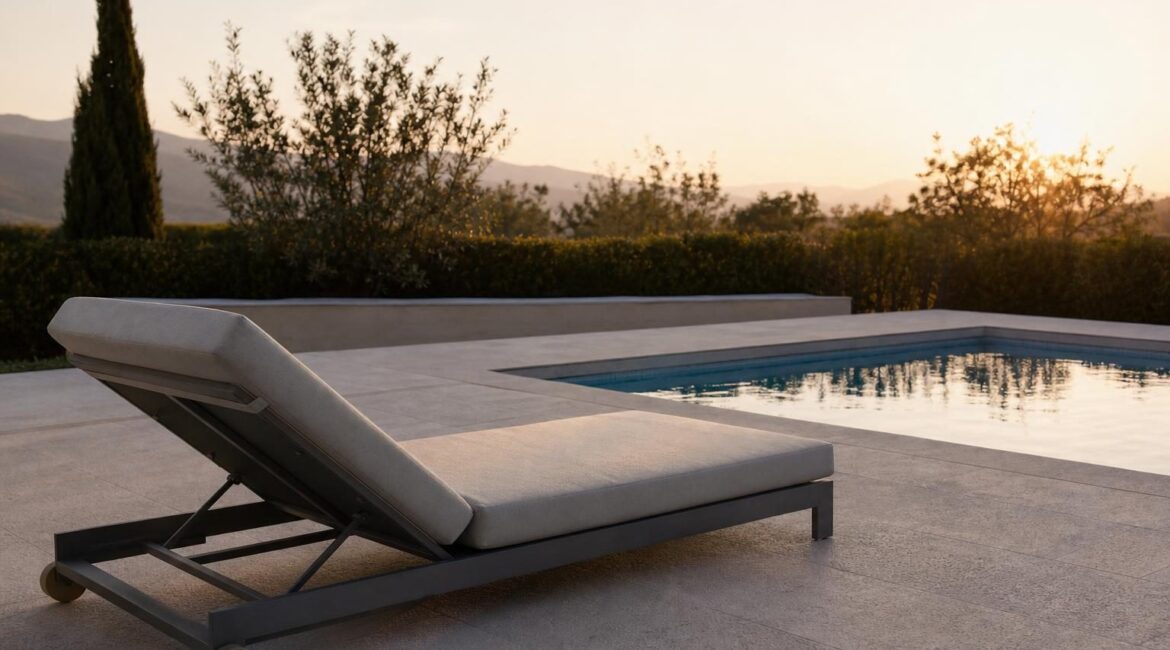 A cushioned aluminum chaise lounge positioned on a sunny pool deck beside a swimming pool