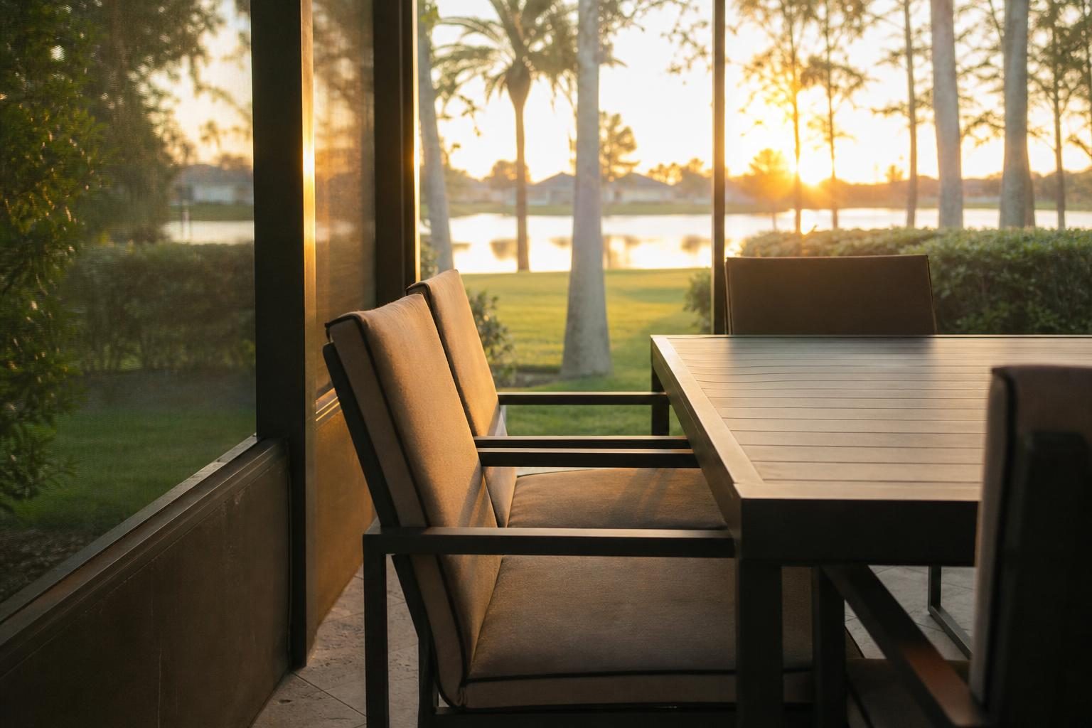 Outdoor dining chairs with slim firm seat cushions