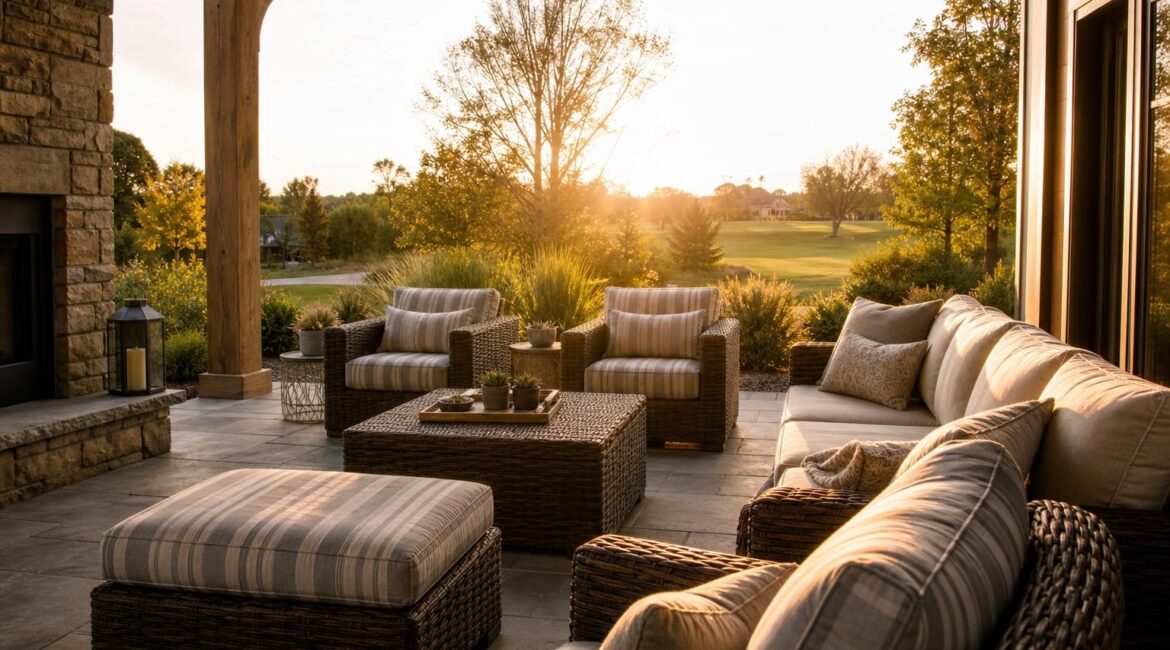 Featured wide shot of an outdoor living room with patio furniture cushioned in coordinated Sunbrella fabric patterns.