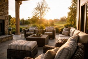 Featured wide shot of an outdoor living room with patio furniture cushioned in coordinated Sunbrella fabric patterns.