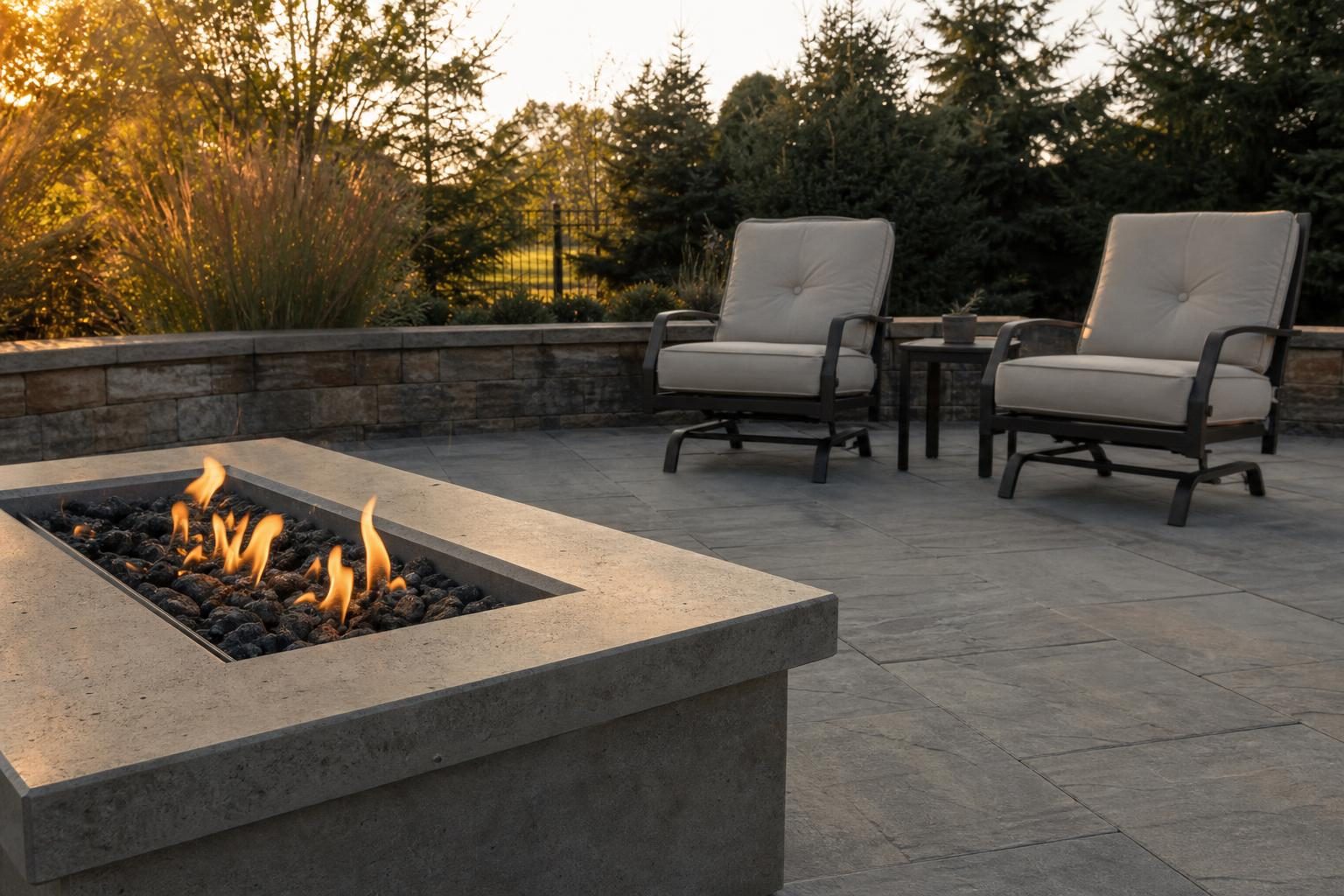 Close view of a lit outdoor fire table's flame area with empty cushioned chairs arranged a few feet away on a stone patio