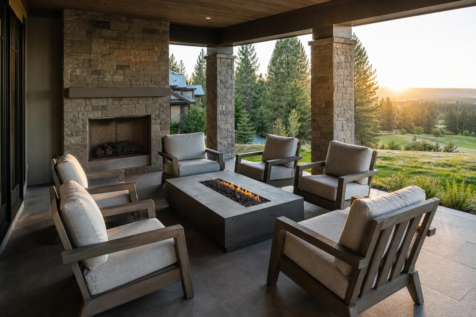 Overhead-angle view of outdoor chairs arranged in a ring around a rectangular fire table on a covered lanai, clear space between seating and the table edge
