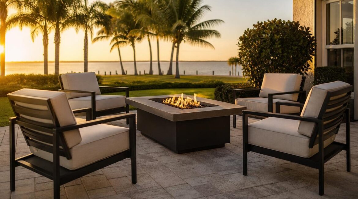 A Palm Casual outdoor fire pit table on a Florida patio at dusk with cushioned chairs positioned at a comfortable distance from the flame area