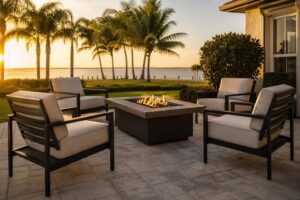 A Palm Casual outdoor fire pit table on a Florida patio at dusk with cushioned chairs positioned at a comfortable distance from the flame area