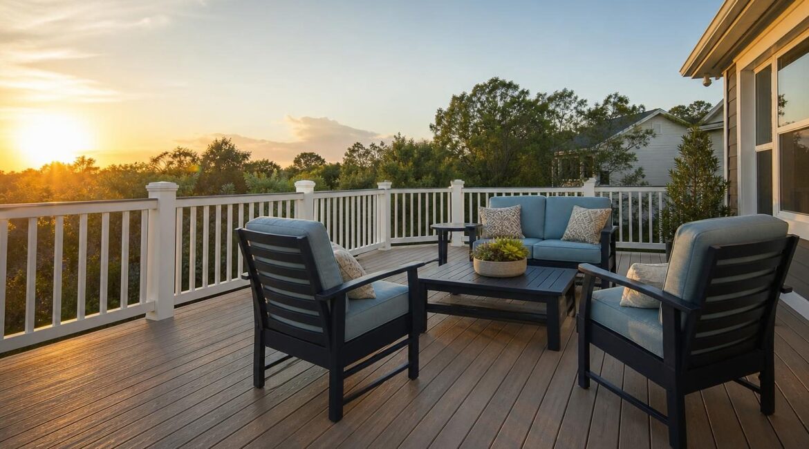 Featured wide shot of marine-grade polymer patio furniture on a Florida deck.