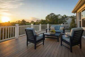Featured wide shot of marine-grade polymer patio furniture on a Florida deck.