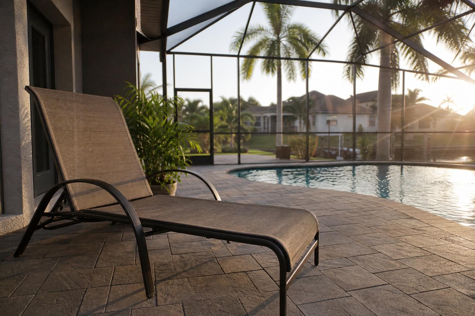 Sling-style patio lounge chair with mesh fabric stretched over an aluminum frame beside a pool