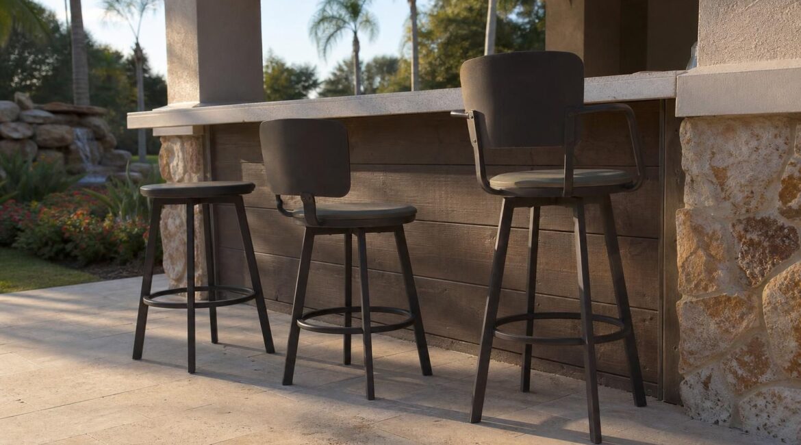 Three outdoor bar stools with different back heights lined up at a bar counter