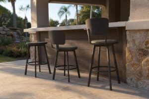 Three outdoor bar stools with different back heights lined up at a bar counter