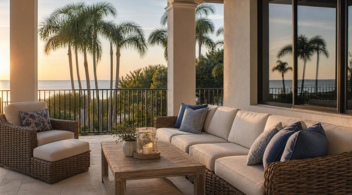 Featured wide shot of a Naples-style outdoor living patio with humidity-resistant furniture near the Gulf coast.