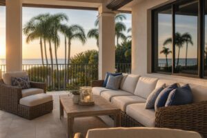 Featured wide shot of a Naples-style outdoor living patio with humidity-resistant furniture near the Gulf coast.