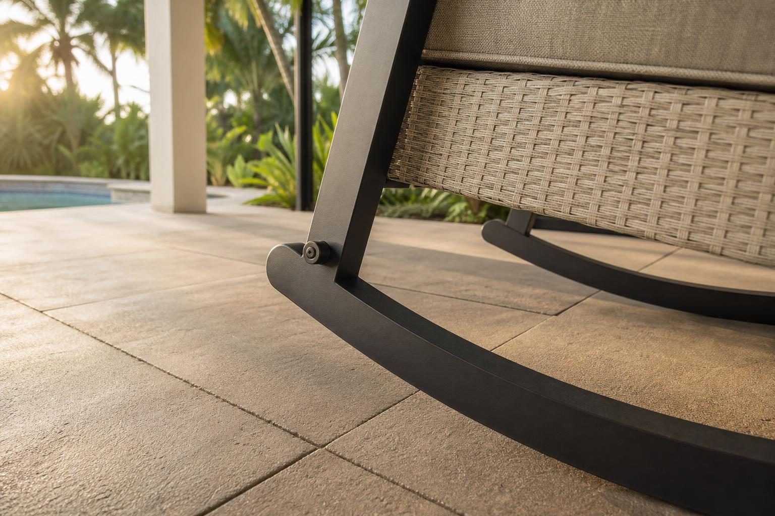 Close detail of a powder-coated aluminum outdoor rocking chair's curved metal runner base mechanism on a Florida porch floor