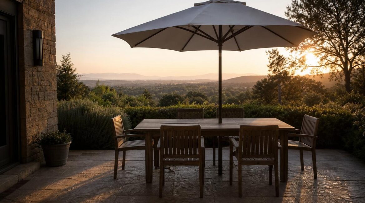 Featured wide shot of a patio dining table shaded by a large center-pole umbrella.