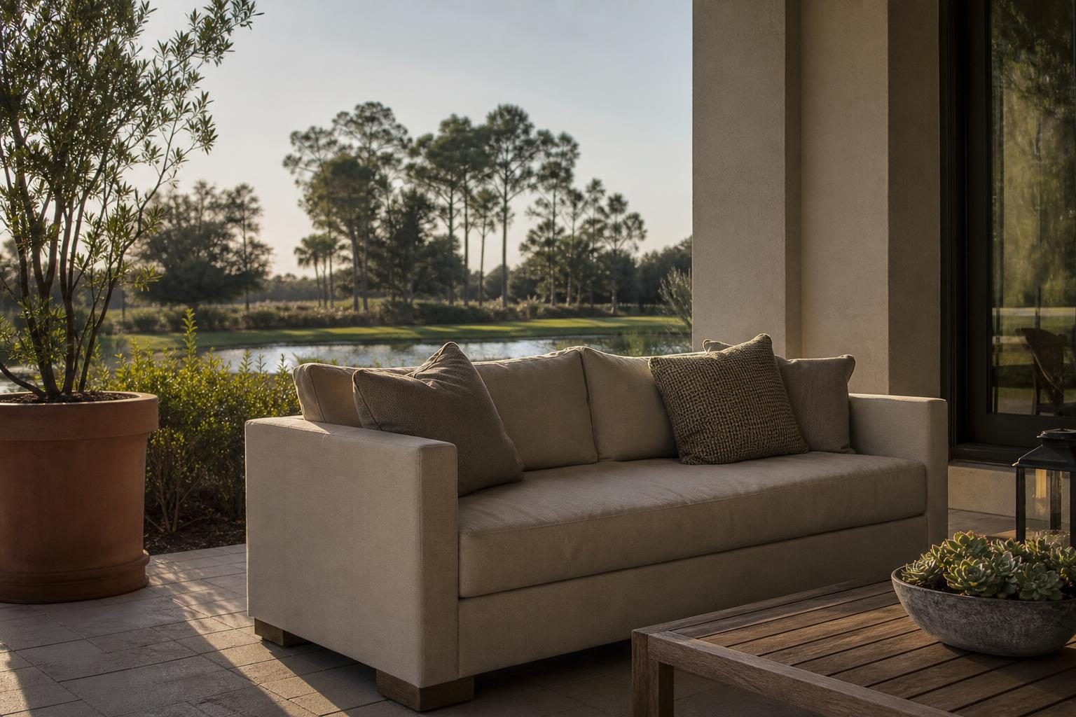Outdoor sofa with straight track arms on a lanai