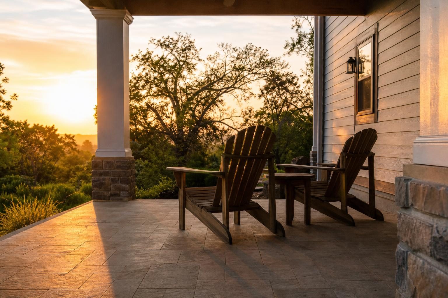 Pair of Adirondack chairs on a lanai with clear space in front