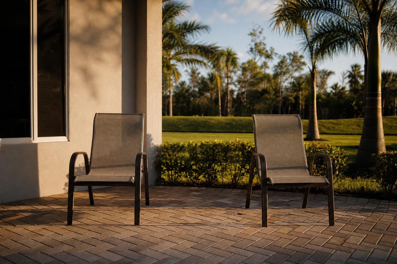 Patio chairs split between shade and bright sun