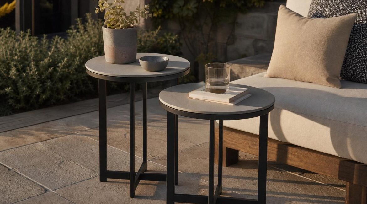 Pair of small round side tables of different heights beside a patio sofa