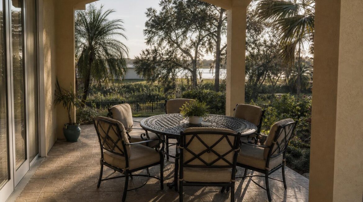 Featured wide shot of a round patio dining table with chairs set on a Florida patio.