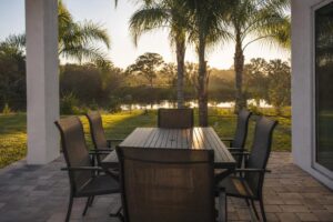 Patio dining set in soft early morning light