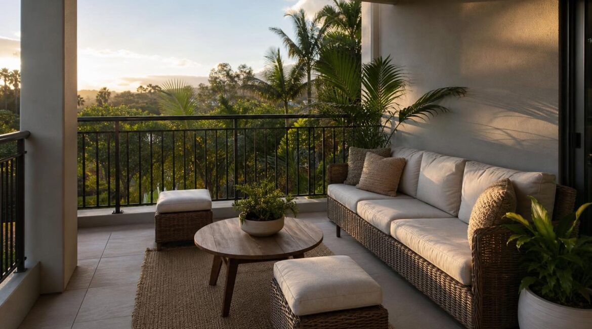 Featured wide shot of a small lanai with a patio sofa and matching ottomans used as extra seating.