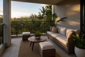 Featured wide shot of a small lanai with a patio sofa and matching ottomans used as extra seating.