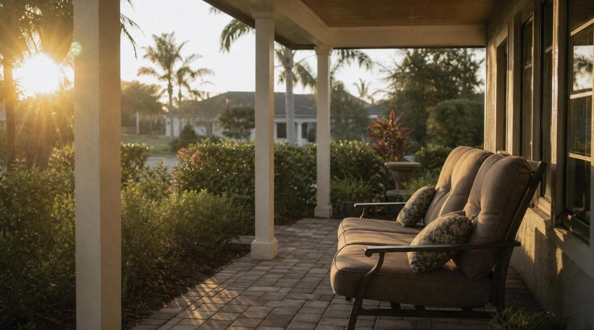 Cushioned outdoor bench with a slightly reclined backrest on a covered porch