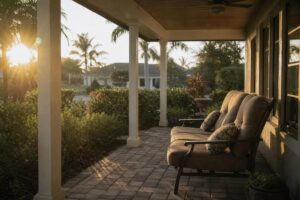 Cushioned outdoor bench with a slightly reclined backrest on a covered porch