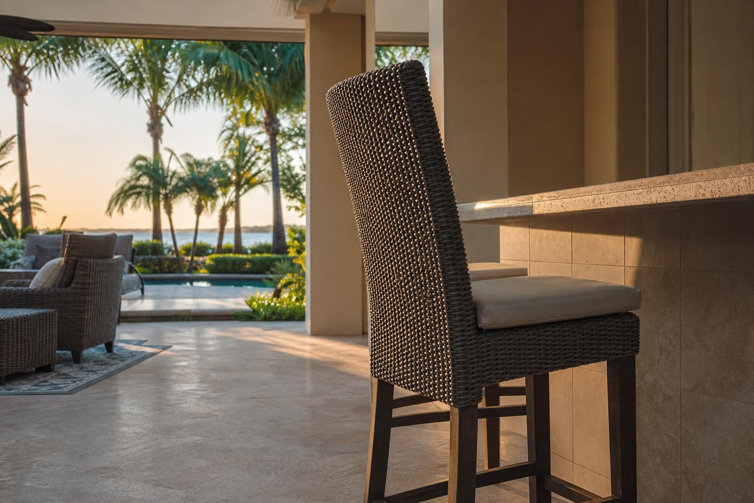 Side view of a high-back outdoor bar stool at a counter